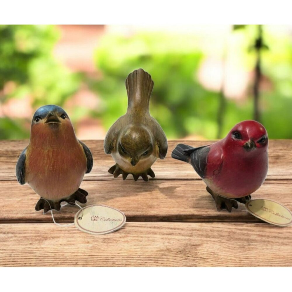 3 Vintage Tii Bird Figurine Red Tanager Bluebird Brown Wren Rustic Country Decor